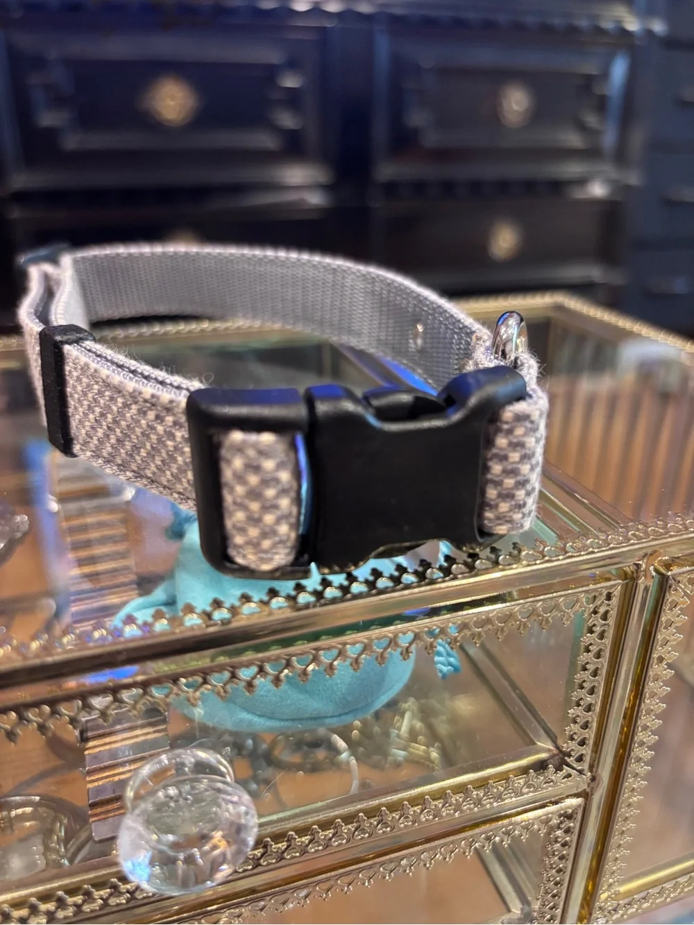 Toto & Pal Gray Woven Checkered Dog Collar with Swarovski Crystals